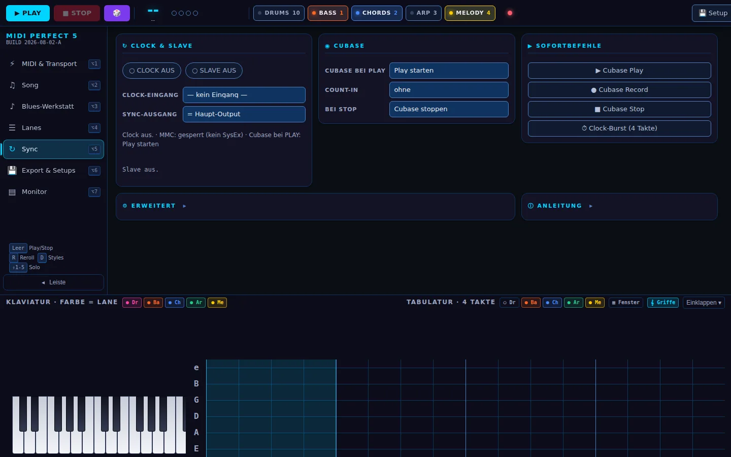 MIDI PERFECT 5 – Bereich Sync mit Clock, Slave, Cubase-Optionen und Sofortbefehlen